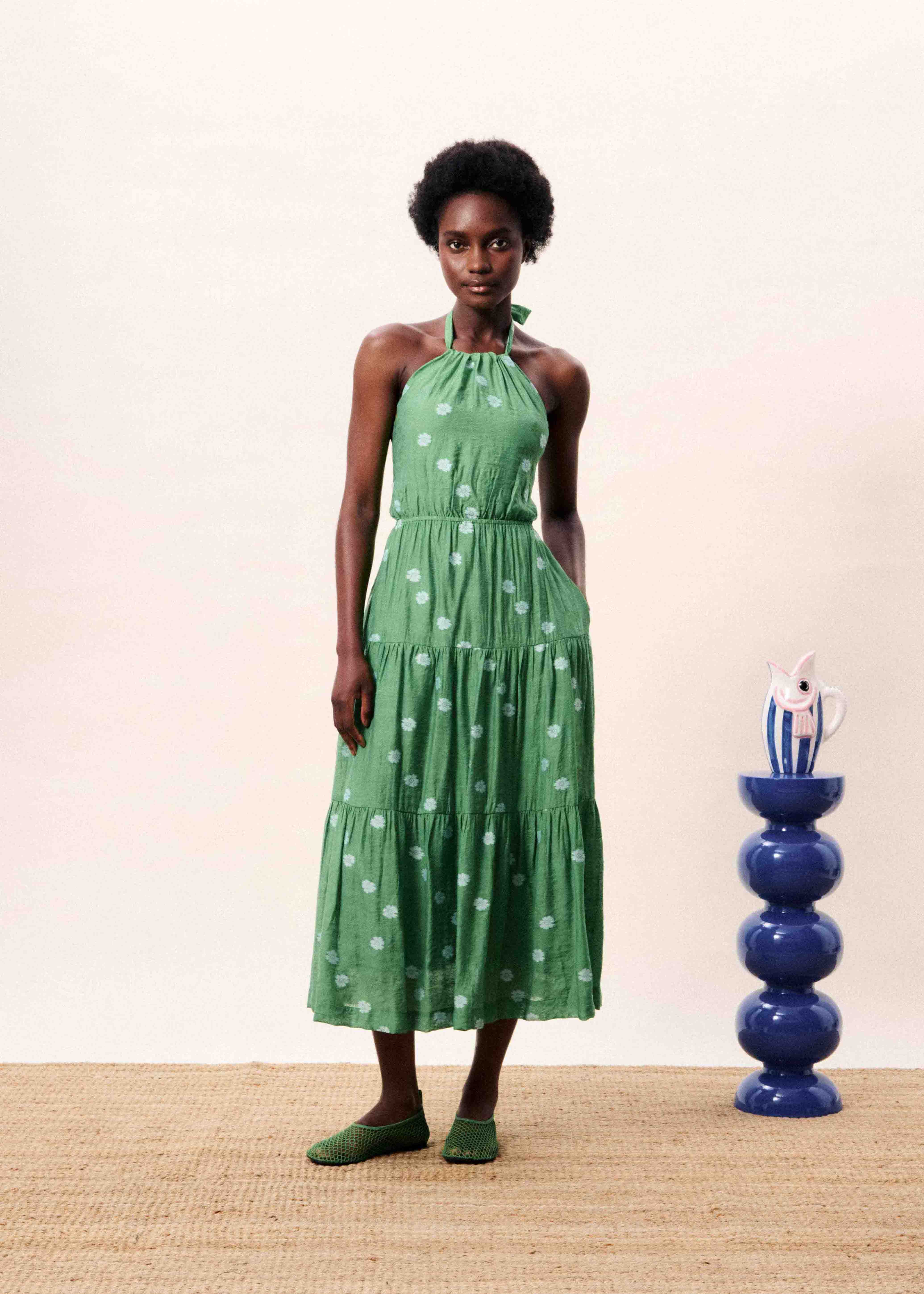 frnch green dress FRNCH Lucia Green Cotton Strappy Knit Bodice Midi Dress