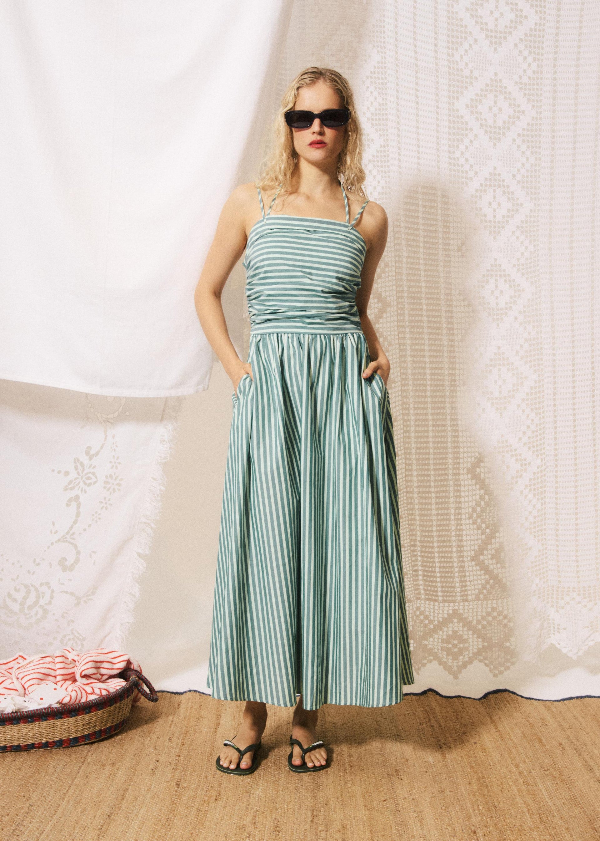 frnch green dress FRNCH Lucia Green Cotton Strappy Knit Bodice Midi Dress